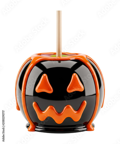 Candy apple decorated as a spooky jack-o'-lantern for a Halloween party dessert on a transparent background