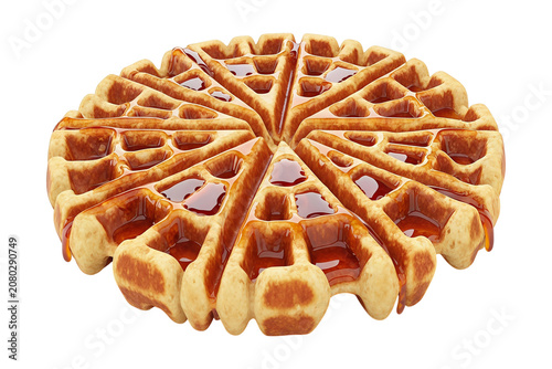 Golden baked waffle with sweet maple syrup isolated on a transparent background