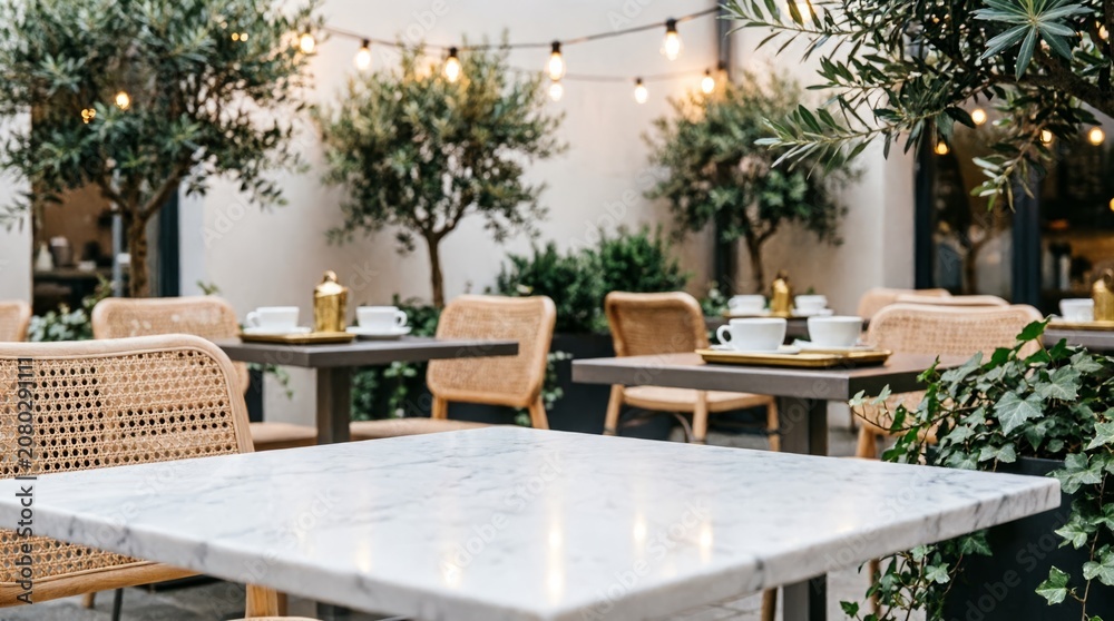Fototapeta premium Outdoor Cafe Terrace with Marble Tables and String Lights for Web Design