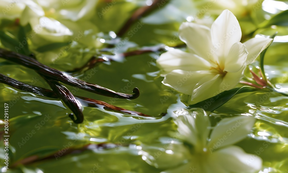 Obraz premium beauty ingredients submerged in shimmering green water, vanilla pods, delicate white petals