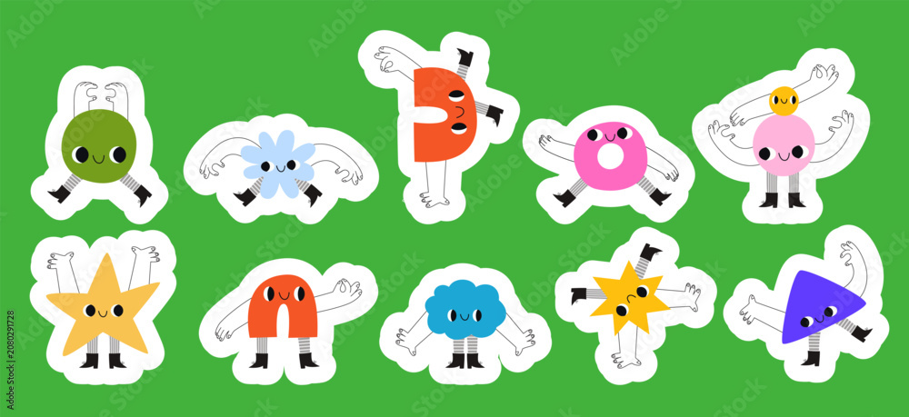 Fototapeta premium Abstract geometric sticker pack featuring whimsical cartoon shapes doing yoga poses Hand drawn playful characters with white borders for planning kid journals and prints