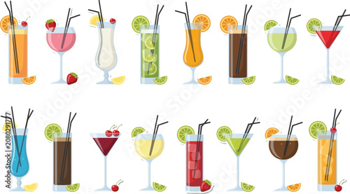 Foto Collection of various colorful cocktails and refreshing drinks with fruit garnis
