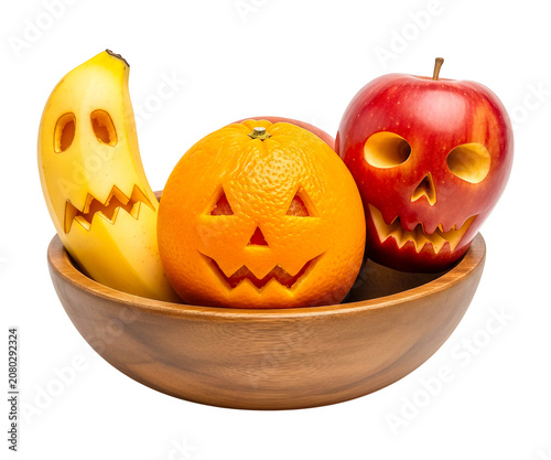Fresh fruit carved into Halloween figures inside a wooden bowl with Halloween seasonal decorations on a transparent background