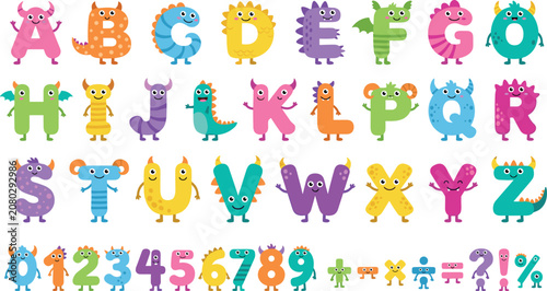 Schilderij op canvas Cute colorful monster alphabet font with uppercase letters numbers and math symb