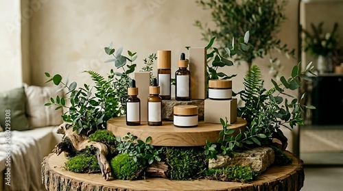 Natural Skincare Products Displayed on Wooden Pedestal with Lush Greenery.