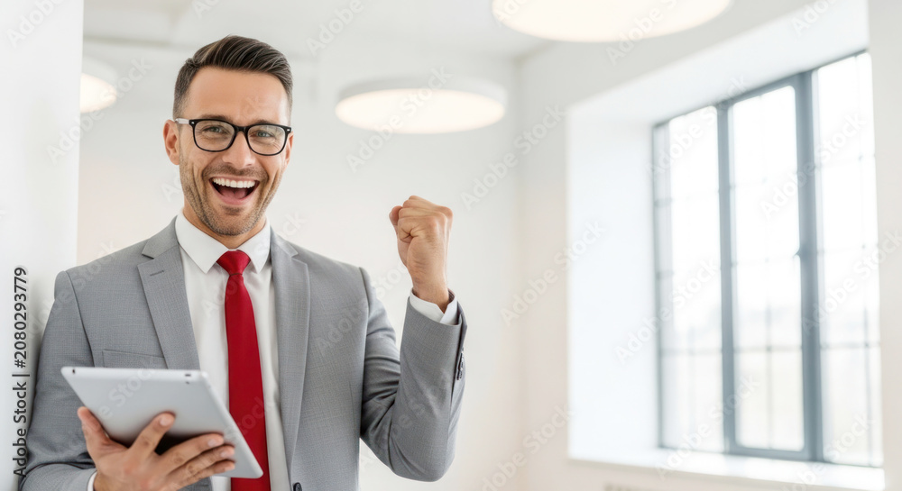 Fototapeta premium Businessman in gray suit celebrates success while holding tablet in modern office with large windows and bright lighting