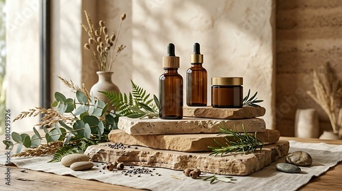 Natural Skincare Products Displayed on Stone Slabs with Greenery and Sunlight.