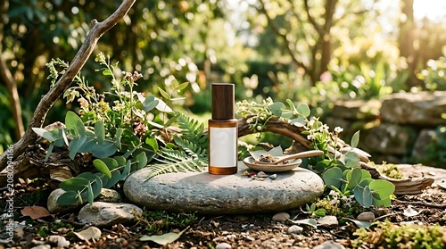 Natural Skincare Product Bottle Displayed on Stone in Lush Green Garden.