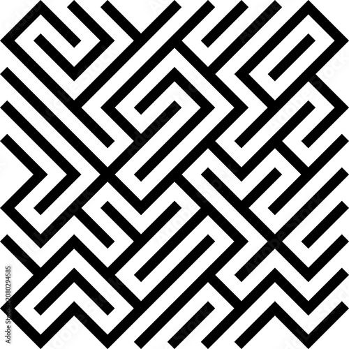 Fotografie Seamless black and white geometric maze pattern featuring thick diagonal lines and sharp angular turns in a linear labyrinth design style for abstract backgrounds and textures
