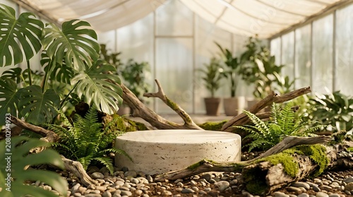 Natural Stone Pedestal in Lush Greenhouse Environment with Tropical Plants and Wood.