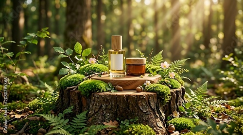 Natural Skincare Products on Mossy Tree Stump in Lush Forest.