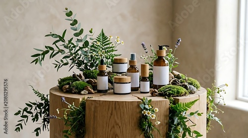 Natural Skincare Products Displayed on Wooden Log with Greenery.