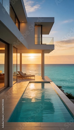 Modern luxury villa with infinity pool overlooking the ocean at golden sunset