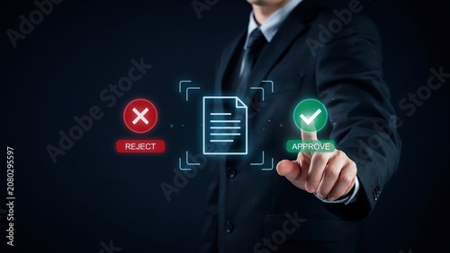 Businessman interacting with digital document approval and rejection options interface