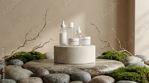 Natural Skincare Products Displayed on Stone Pedestals with Moss and Branches.