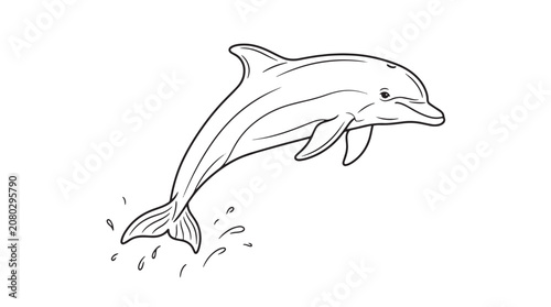 Tableau sur toile Dolphin line art illustration, jumping bottlenose dolphin vector sketch, marine