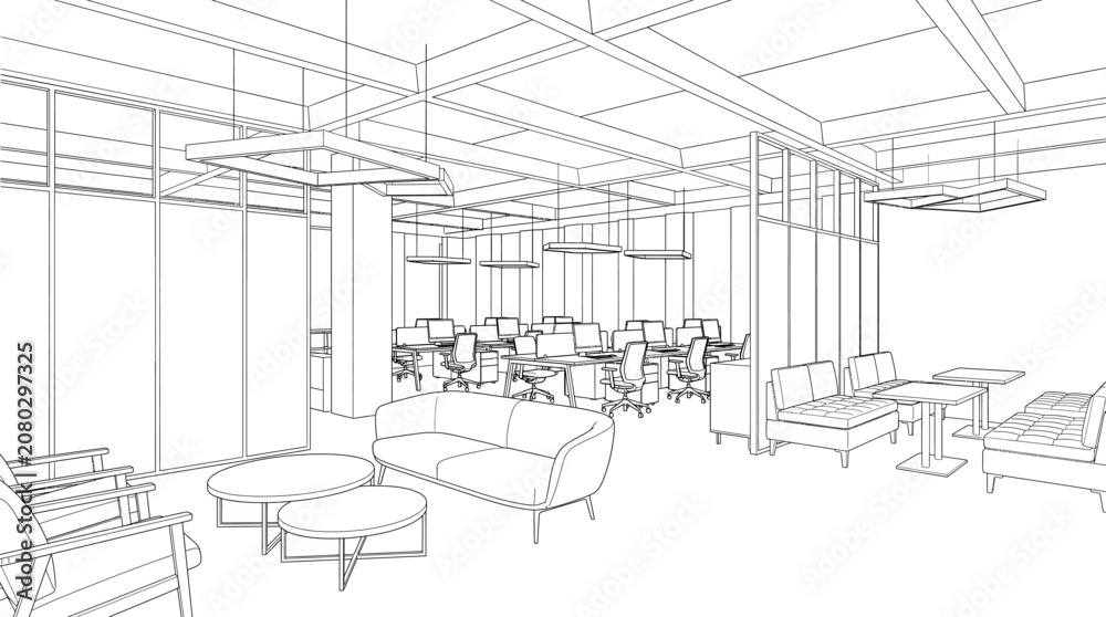 Fototapeta premium An office interior with modern furniture and open layout in a large room