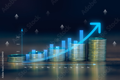 Financial growth concept with stacked coins, rising bar chart and upward arrow illustrating investment success, business profit, savings, wealth management, market performance and economic growth.