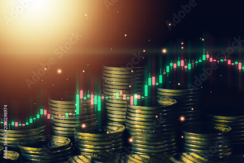 Financial investment concept with stacked gold coins and bullish candlestick chart representing wealth growth, profitable trading, market performance, business success and long term returns.