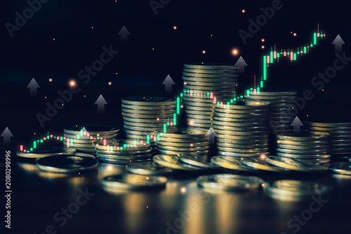 Financial market concept featuring stacked coins, bullish candlestick chart and upward arrows representing investment growth, trading success, increasing wealth and business performance.