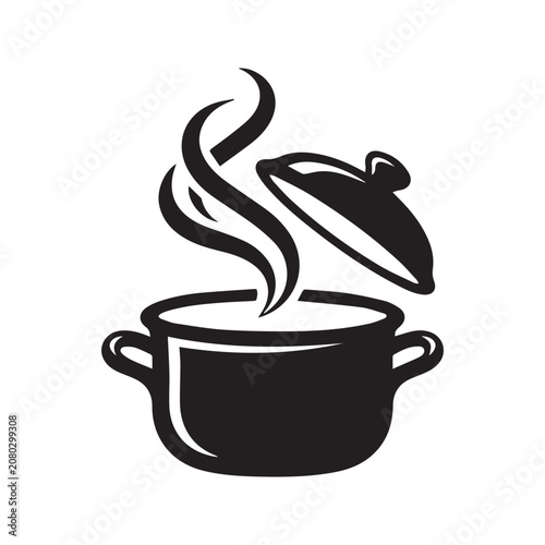 Cuadro en lienzo Cooking pot silhouette vector icon with open lid and rising hot steam, kitchenwa