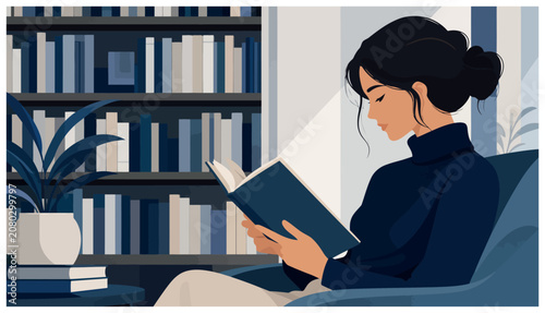 Fotografie Woman Reading Book on Sofa.