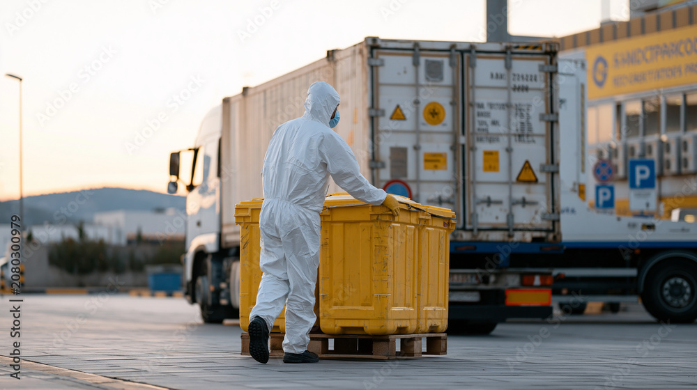 Fototapeta premium Industrial pharmaceutical waste processing facility exterior at dusk, a logistics worker in hazmat suit loading sealed sharps containers onto a specialized transport vehicle,