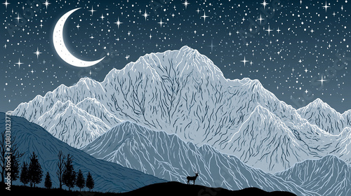 Stylized mountain landscape under starry night sky with crescent moon