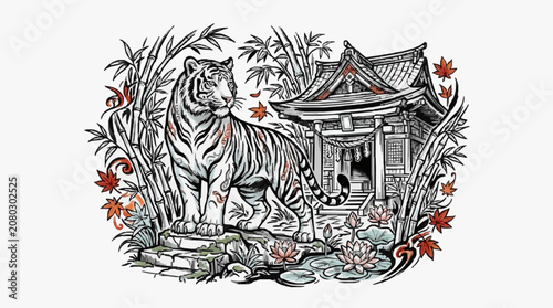 Intricate line art illustration of a tiger in a forest.