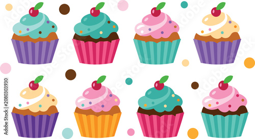 Quadro su tela Cute cartoon cupcakes vector illustration set with colorful frosting cream cherr