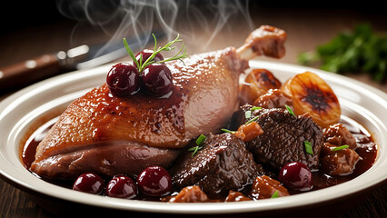 Gourmet Duck Confit with Cherries and Potatoes, Steaming Hot and Delicious