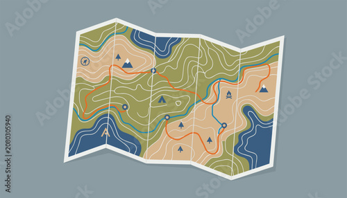 Folded paper map showing topographical contour lines, hiking trails, and camping icons on a neutral grey background for travel.