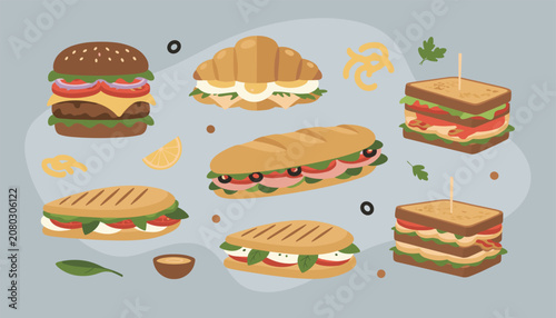 Set of delicious freshly prepared assorted sandwiches including hamburgers, croissants, baguettes, and paninis on a light blue backdrop.