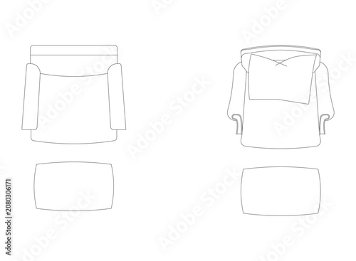 Armchair and ottoman top view vector symbols for interior design floor plans including armchair with pillow and footrest for architectural drafting.