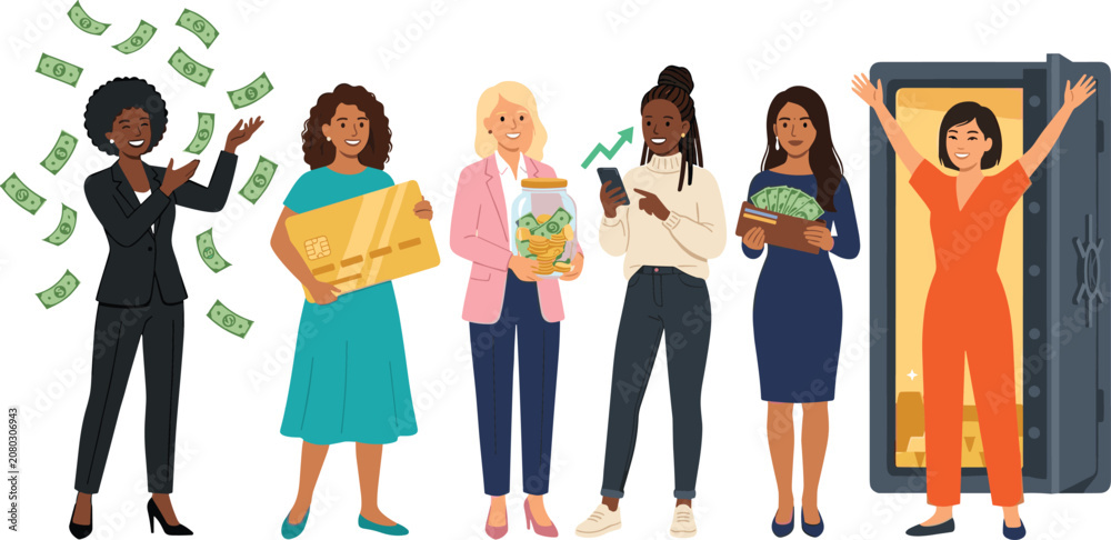 Obraz premium Diverse Women and Financial Success Character Vector Set Showcasing Wealth Accumulation, Smart Saving, Banking, Mobile Investing, and Financial Independence Graphic Designs