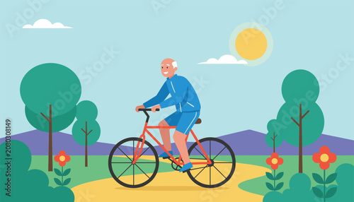 Senior man enjoying a scenic bicycle ride through a beautiful park with blooming flowers and mountains on a sunny day in the nature.