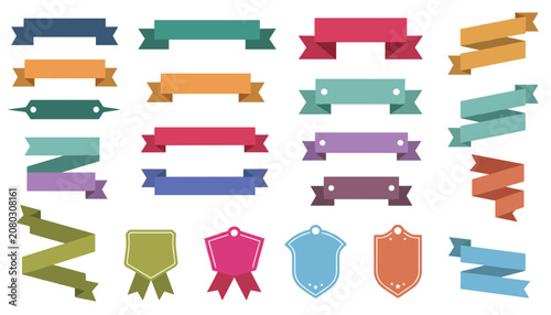 Collection of decorative ribbons, vintage banners, and colorful badge labels isolated on a plain background for creative graphic design.
