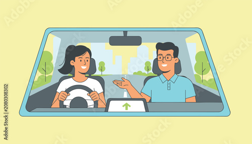 Driving instructor teaching a woman how to operate a vehicle with steering wheel and controls visible inside a modern car cabin.