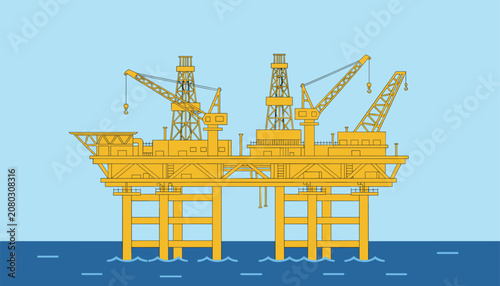 Offshore oil drilling platform in the middle of the sea with cranes and industrial equipment for energy extraction and production.