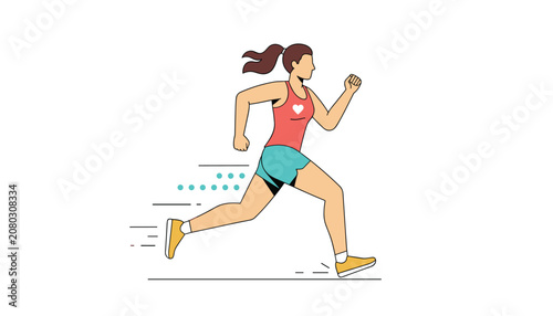 Sporty woman running in a red tank top and blue shorts on a clear track with motion lines and small green dots for energy effect.