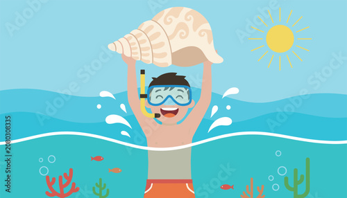 Happy boy snorkeling in the ocean holding a large seashell with tropical fish and colorful coral reef elements underwater in summer.