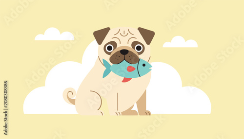 Pug dog sitting peacefully while holding a fresh blue fish in its mouth against a soft pastel background with simple white clouds.