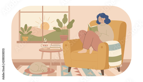 Woman comfortably reading a book while sitting in a large armchair next to a window during sunset with a cat sleeping on a rug.