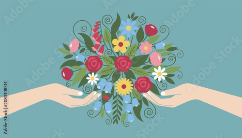 Two hands gently holding a vibrant bouquet of various colorful flowers on a light teal background representing nature, care, and beauty.