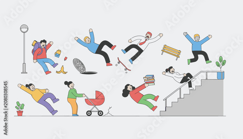 Diverse group of people in funny falling motion in an urban setting with a street lamp, park bench, baby stroller, and staircase elements.