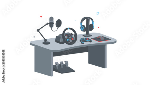 Gaming setup with a racing steering wheel, pedals, microphone, headphones, and computer mouse on a clean desk for gaming enthusiasts.