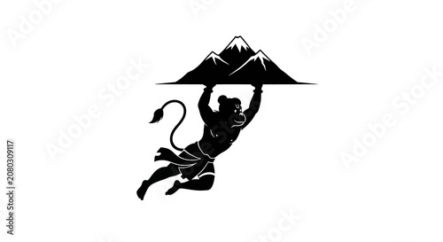 Hanuman deity carrying mountain peak silhouette
