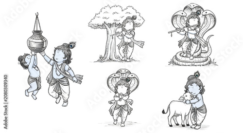 Cute divine child characters in various playful spiritual scenes