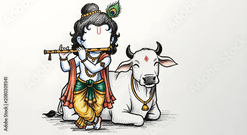 Cute deity playing flute next to a sacred white cow
