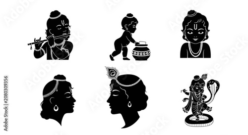 Krishna silhouette collection in various poses for festival designs